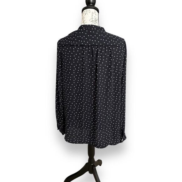 Loft Long Sleeve Collarless Button Down Blouse Navy Blue White Polka Dot Large - Picture 2 of 6